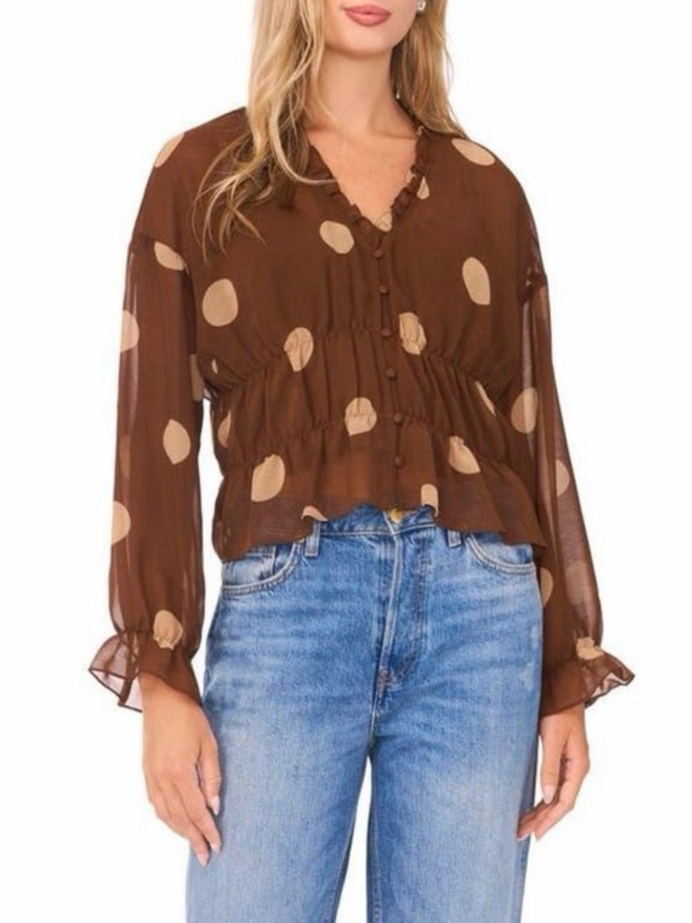 Parker Jojo Shirred Waist Polka Dot Blouse EUC Small Brown